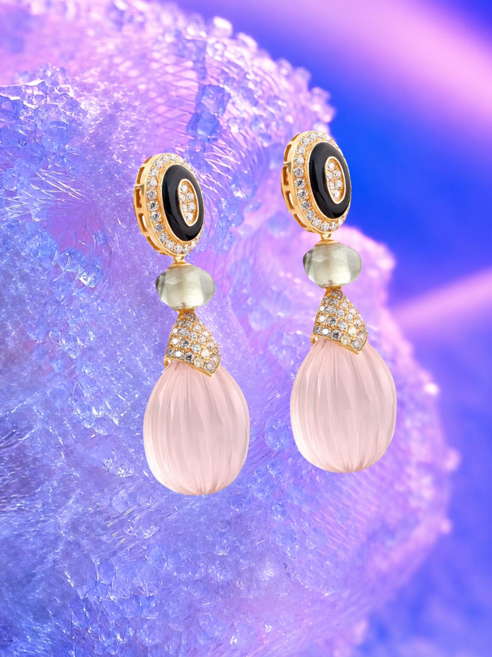 Crafted in 18K yellow gold, the Satyavati Earrings from the Mahabharata Collection by @dakinijewellery are centred around luminous rose quartz, accented by sparkling diamonds, deep black onyx and delicate green amethyst. 

The design takes its name from Satyavati, one of the most compelling women of the Mahabharata and the wife of King Shantanu. Renowned for her beauty, formidable character and determination, Satyavati was a woman of remarkable influence whose choices shaped the destiny of an entire dynasty. These earrings reflect that same duality — the softness of feminine beauty intertwined with an unmistakable inner strength.

#rosequartz #dakini #dakinijewellery #rosequartzearrings #fantasyjewelry