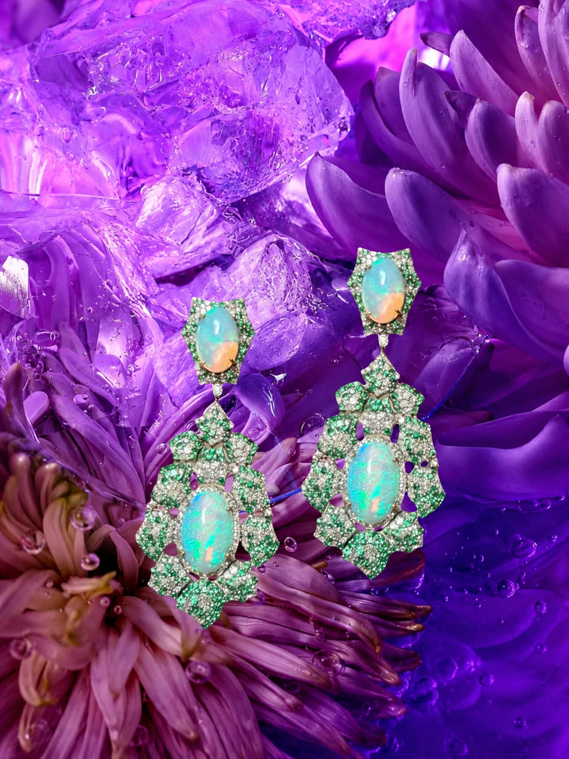 Galatea Earrings from Odyssey Collection @dakinijewellery 

Our earrings bring together the vivid green of tsavorite, the ethereal glow of opals, and the brilliance of diamonds in a composition that feels as though it has emerged from the depths of the Aegean Sea. Tsavorite lends the earrings a rich, vibrant energy, while opals shimmer with an otherworldly play of colour, creating an enchanting contrast against the luminous diamonds.

Their name pays homage to Galatea, one of the beautiful Nereids of Greek mythology — the fifty sea nymphs who were daughters of the ancient sea god Nereus. Galatea was celebrated for her beauty and grace, embodying the serene, mysterious allure of the sea.

#opalearrings #dakinijewellery #dakini #diamondearrings #fantasyjewelry